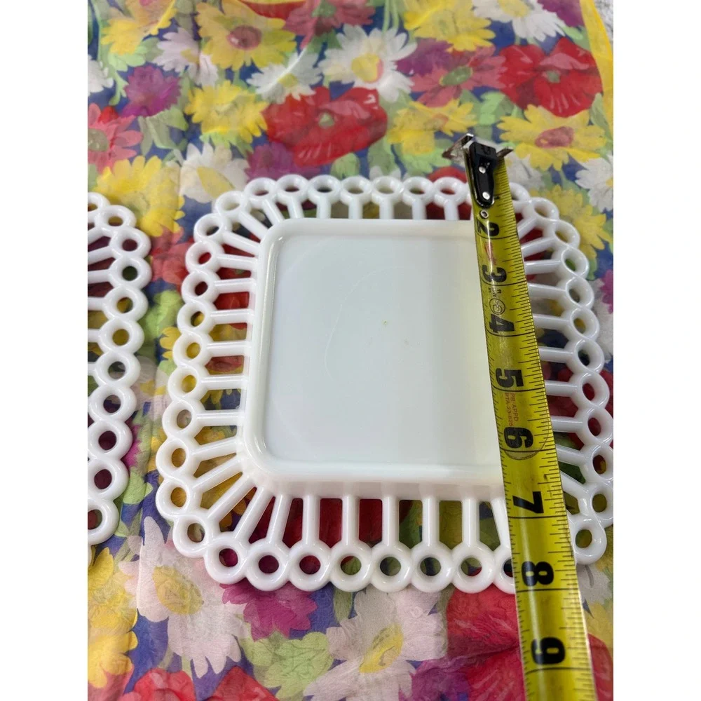 Vintage Westmoreland Milk Glass Open Lace Edge Square Plates Set of 2 White 7in